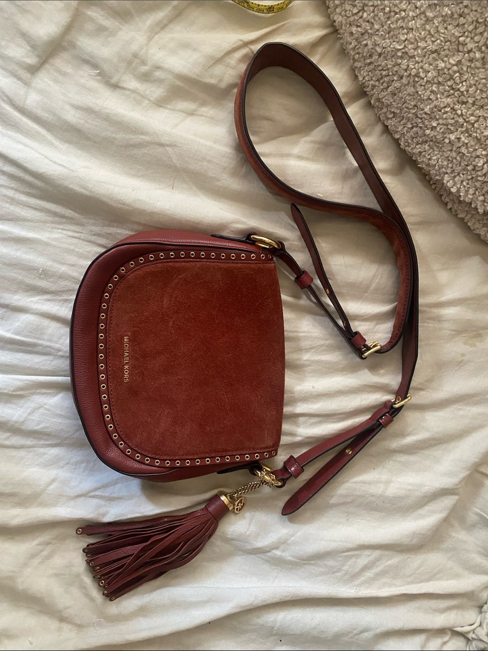 Michael Kors Rust Red Suede and Leather Crossbody with Tassel